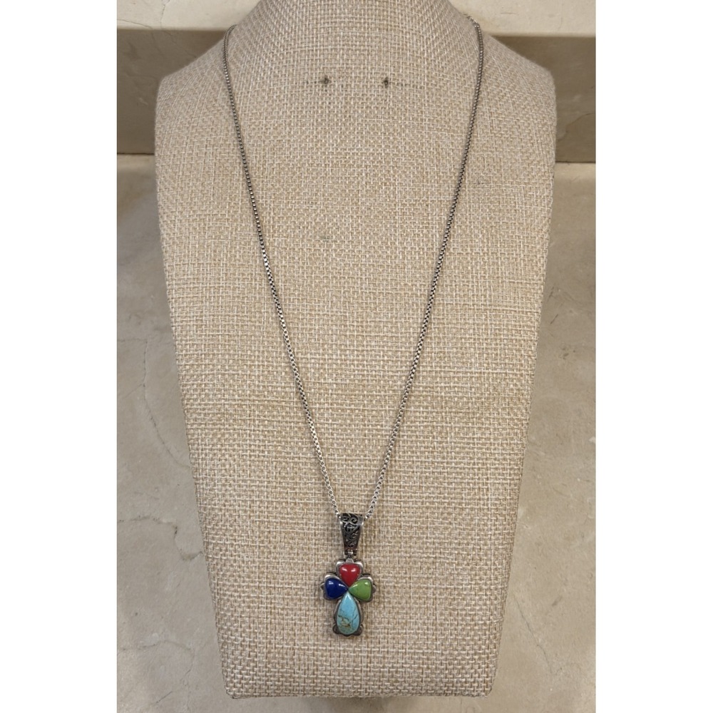 Vtg Sterling Silver Turquoise Lapis Coral Southwestern Reversible Cross Necklace